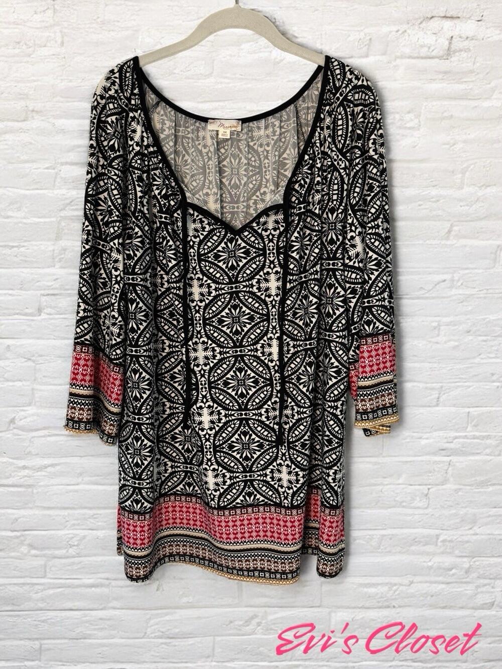 Misia Top Tunic Black White Geo Damask Print 3/4 Sleeve Stretch Sz 3X